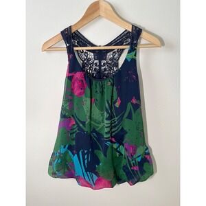 Express Floral Tank Top Crochet Racerback Navy Green Pink Blue Women's M
